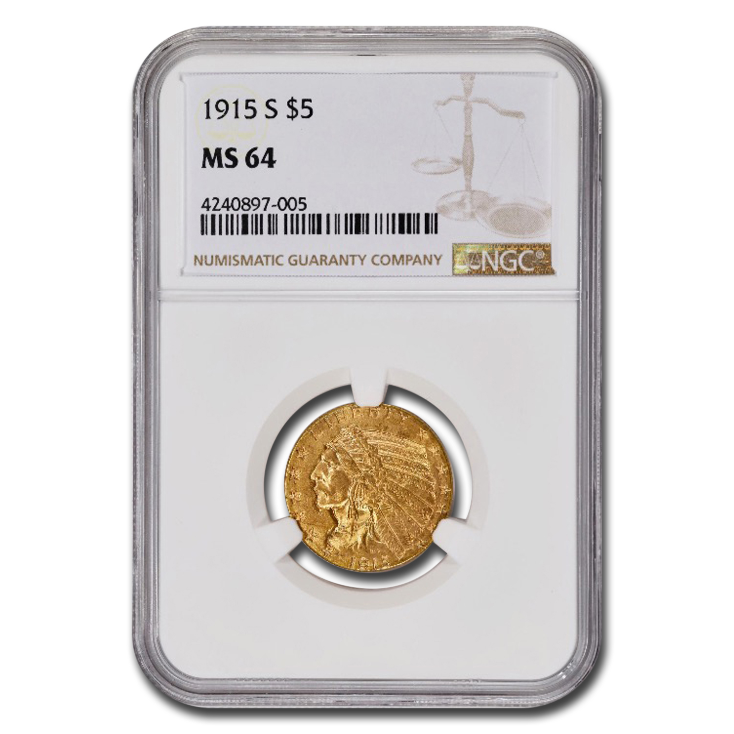 1915-S $5 Indian Gold Half Eagle MS-64 NGC