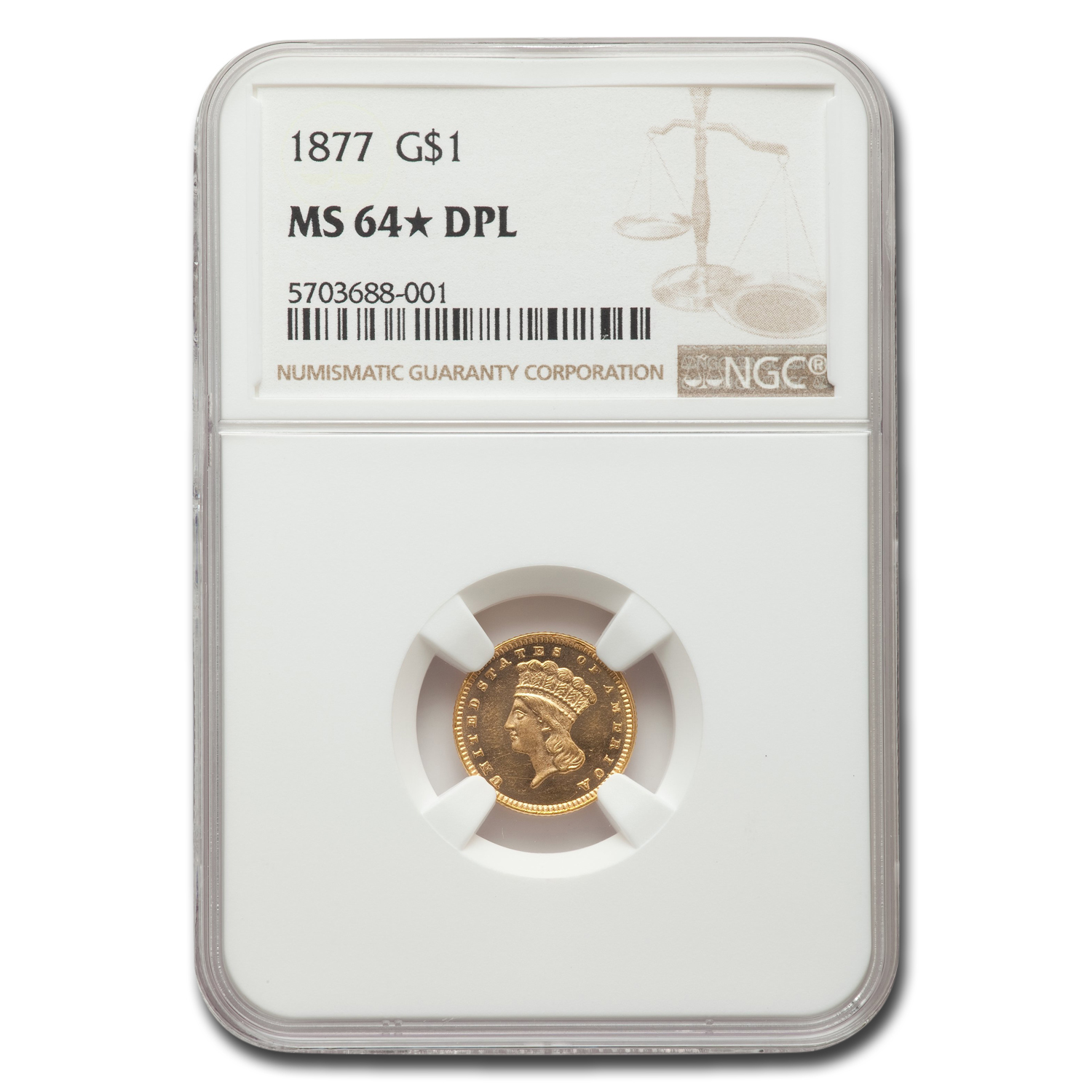 1877 $1 Indian Head Gold MS-64* NGC (DPL)