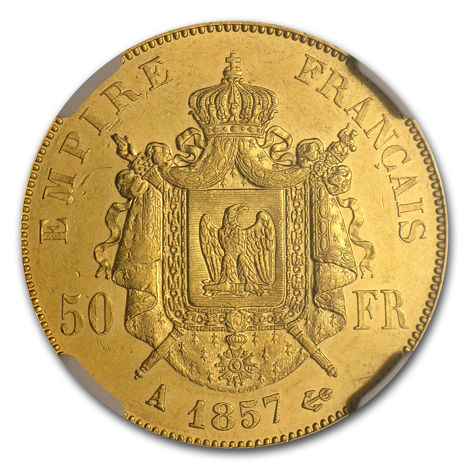 1857-A France Gold 50 Francs Napoleon III AU-58 NGC