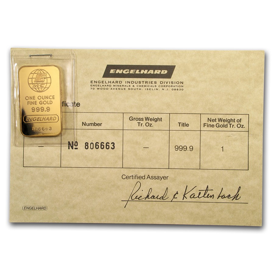 1 oz Gold Bar - Engelhard (w/Vintage Assay Certificate)