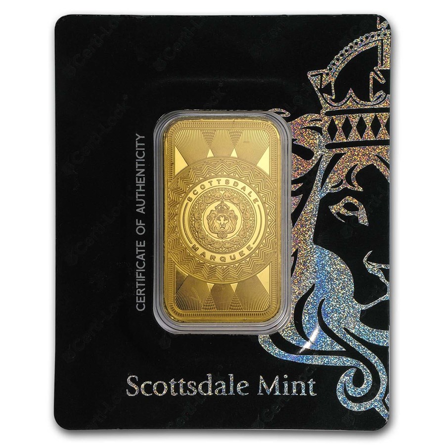 1 oz Gold Bar - Scottsdale Mint Certi-Lock® (Marquee, In Assay)