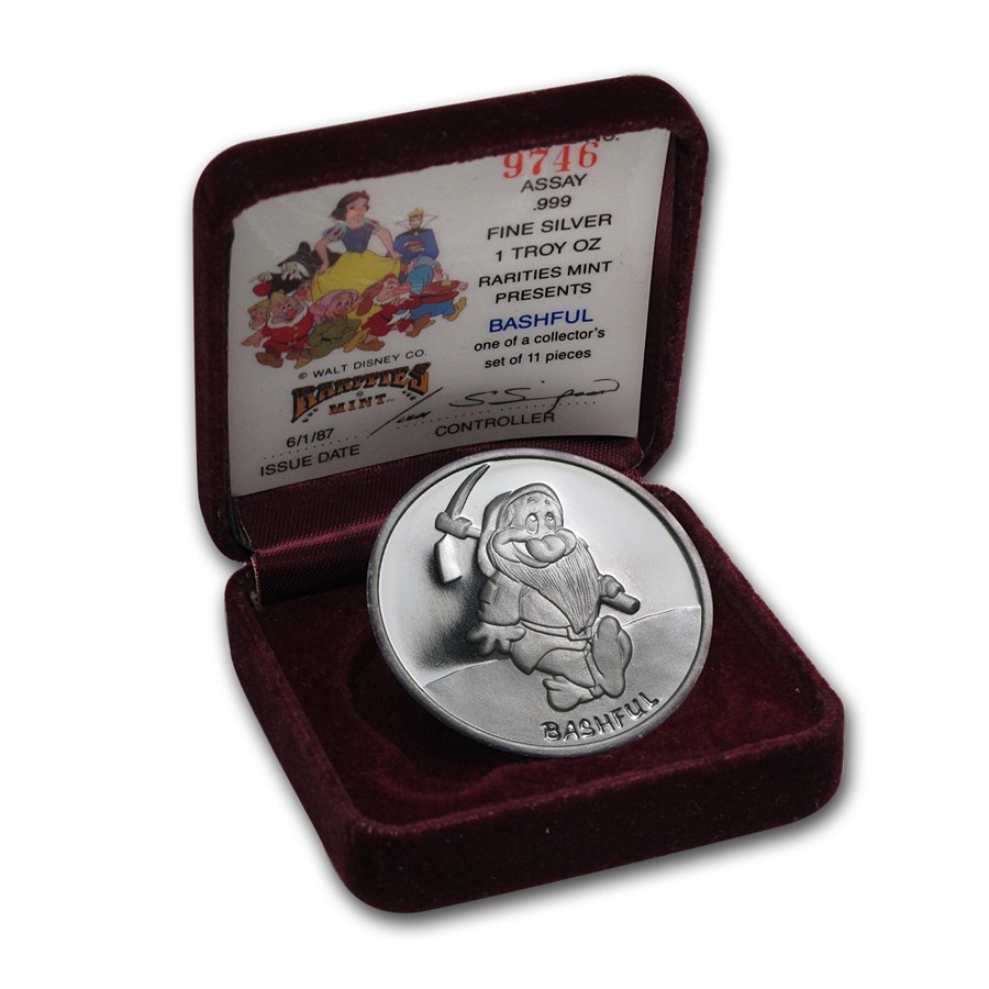 1 oz Silver - Disney's Snow White 50th Anniv Bashful, w/Box & COA