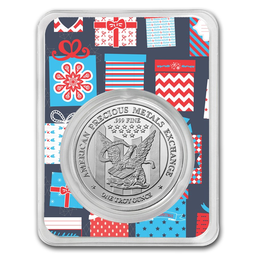 1 oz Silver Round - APMEX (w/Blue Christmas Present Card, In TEP)