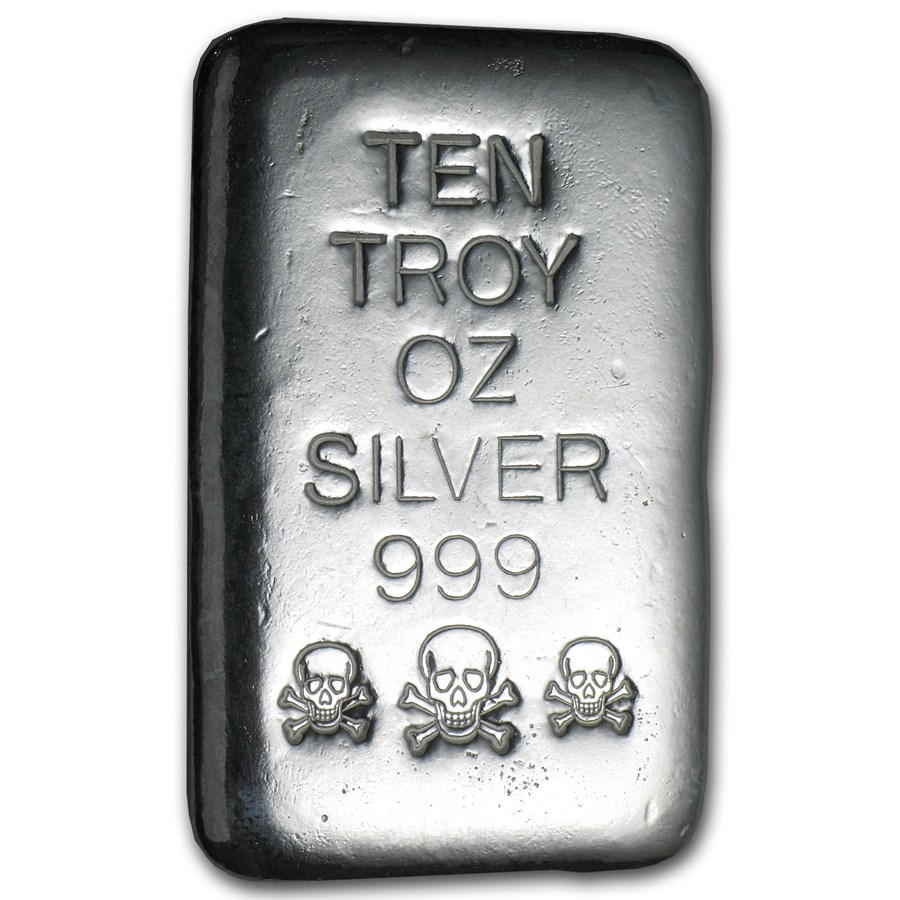 10 oz Hand Poured Silver Bar - Triple Stamped Skull & Bones