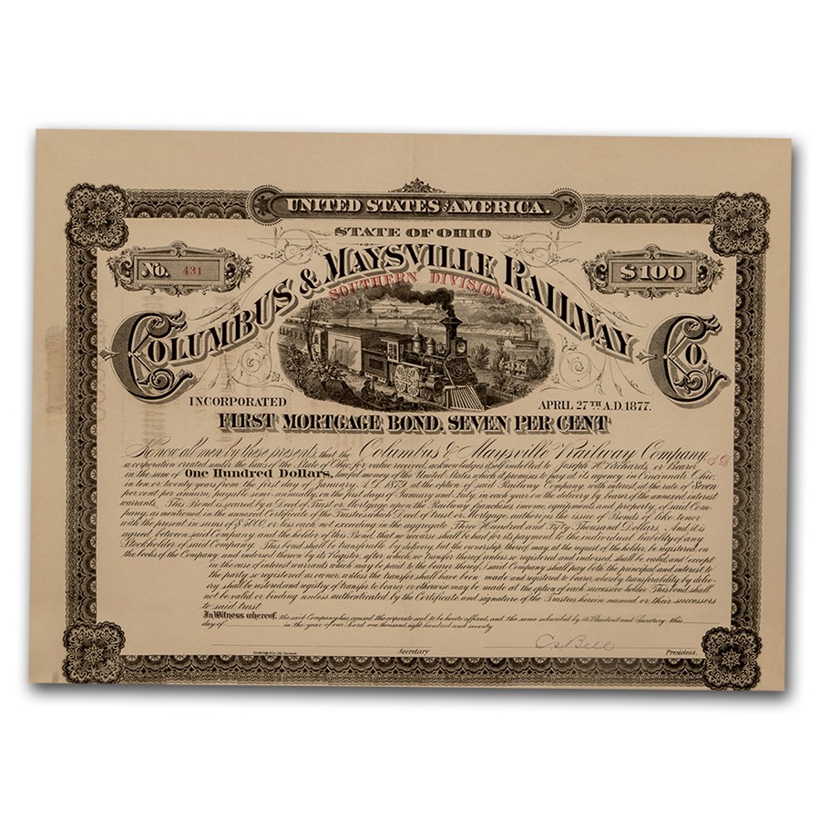 $100 Bond (1870's) - Columbus & Maysville Railway