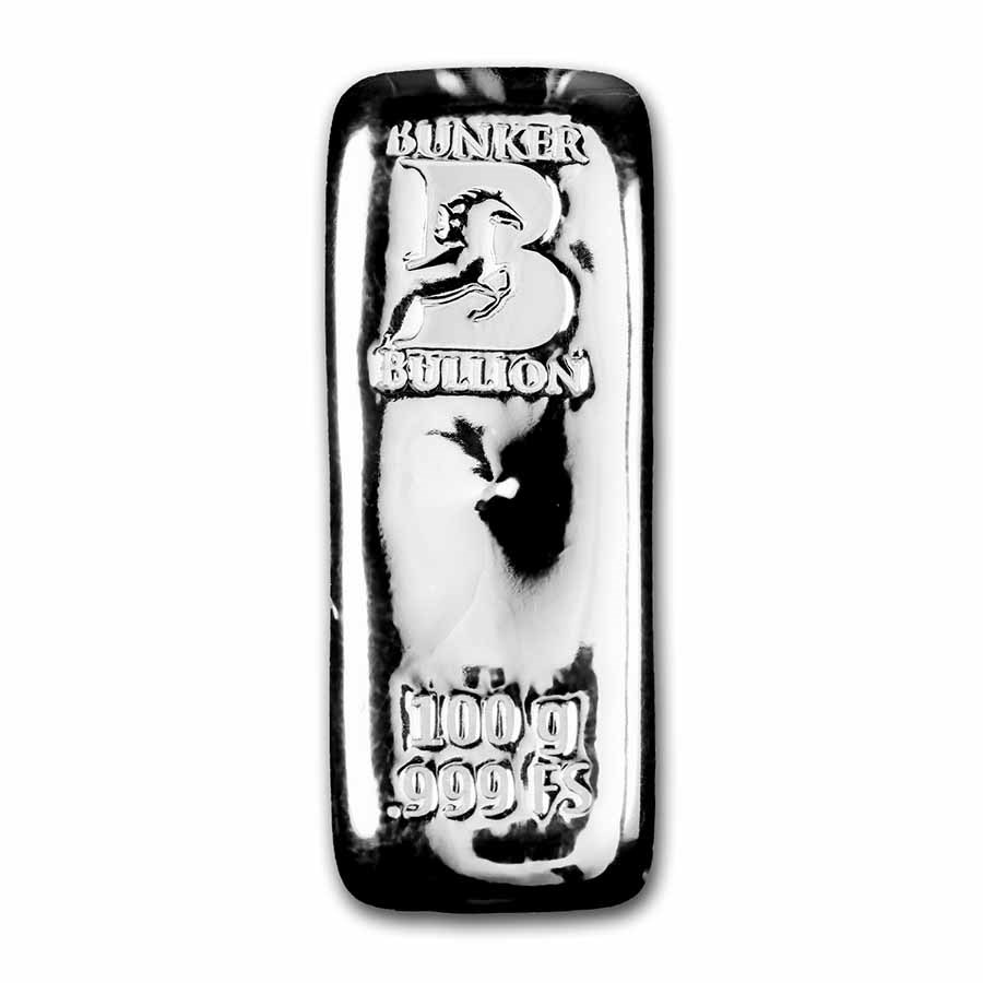 100 gram Cast-Poured Silver Bar - Bunker Bullion Bar