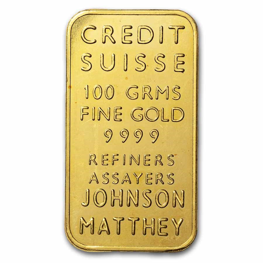 100 gram Gold Bar - Johnson Matthey (Credit Suisse, Plain Back)