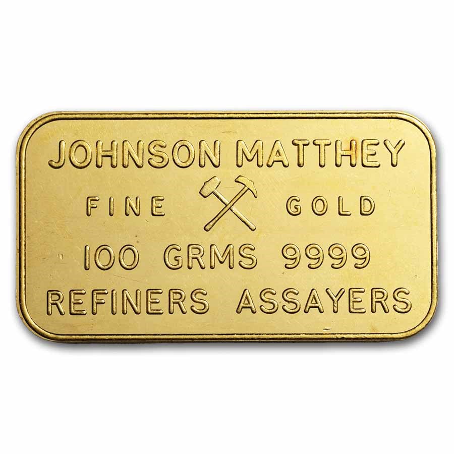100 gram Gold Bar - Johnson Matthey (Handelsbank Zurich, Pressed)