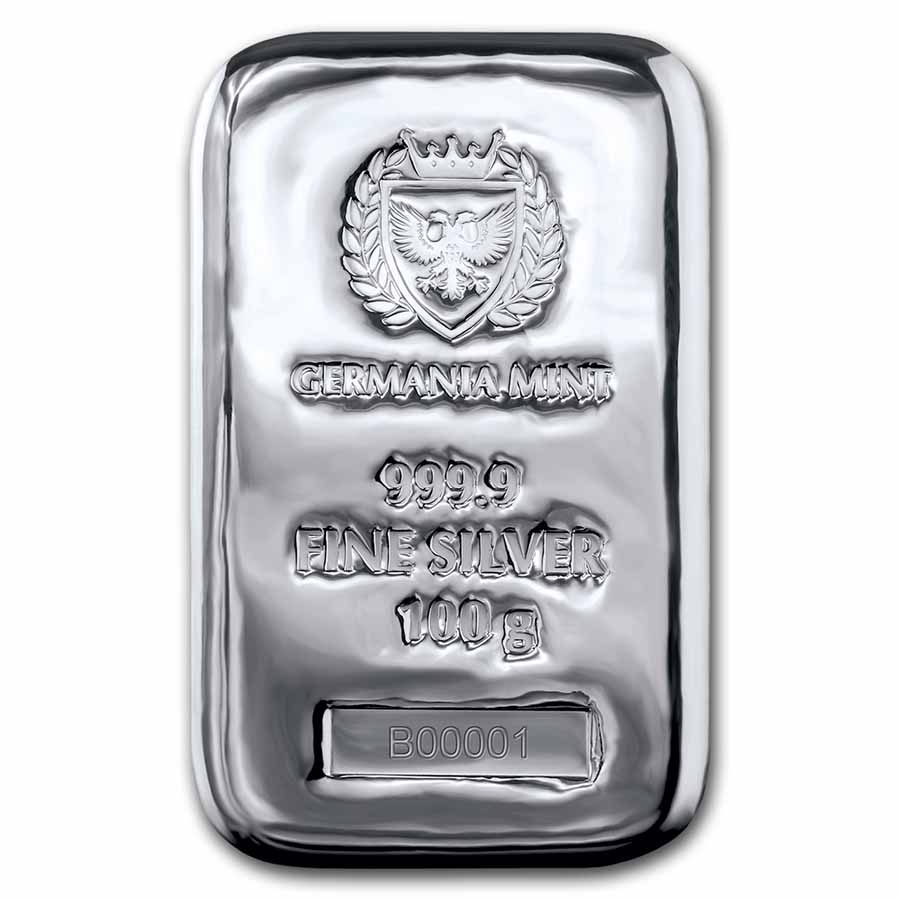 Buy 100 Gram Silver Bar - Germania Mint (Serialized) | APMEX