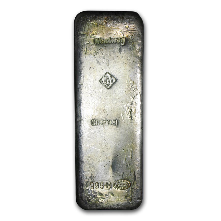 Buy 100 oz Silver Bar - Johnson Matthey (Canada, Westway) | APMEX