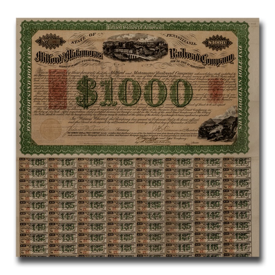 $1000 Bond - Milford and Matamoras Railroad Company (1871)