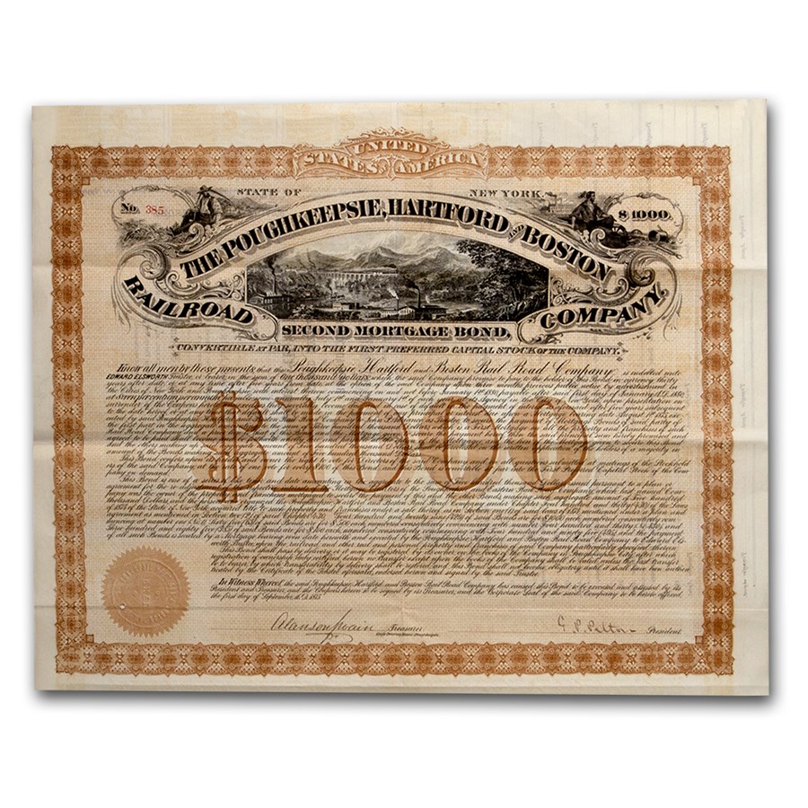 $1000 Bond - The Poughkeepsie, Hartford and Boston Railroad Co