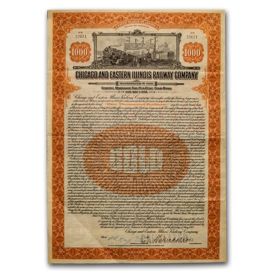 $1000 Gold Bond - Chicago & Eastern Illinois Railway