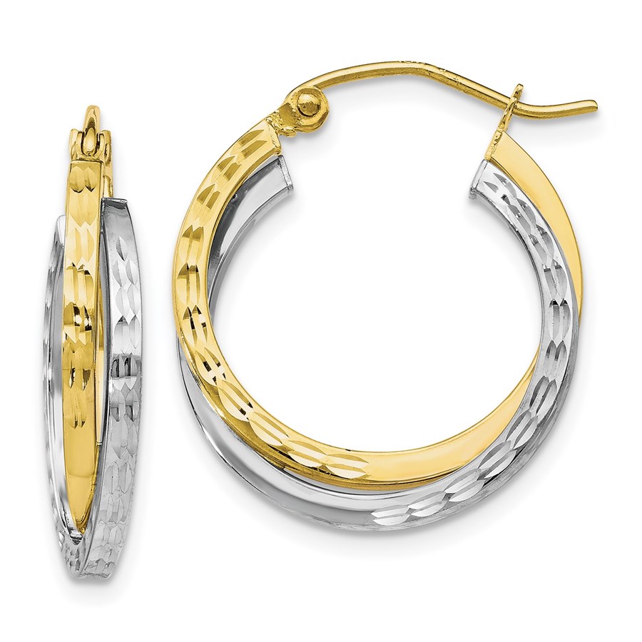 10K Two-tone Textured Hinged Hoop Earrings - 23 mm