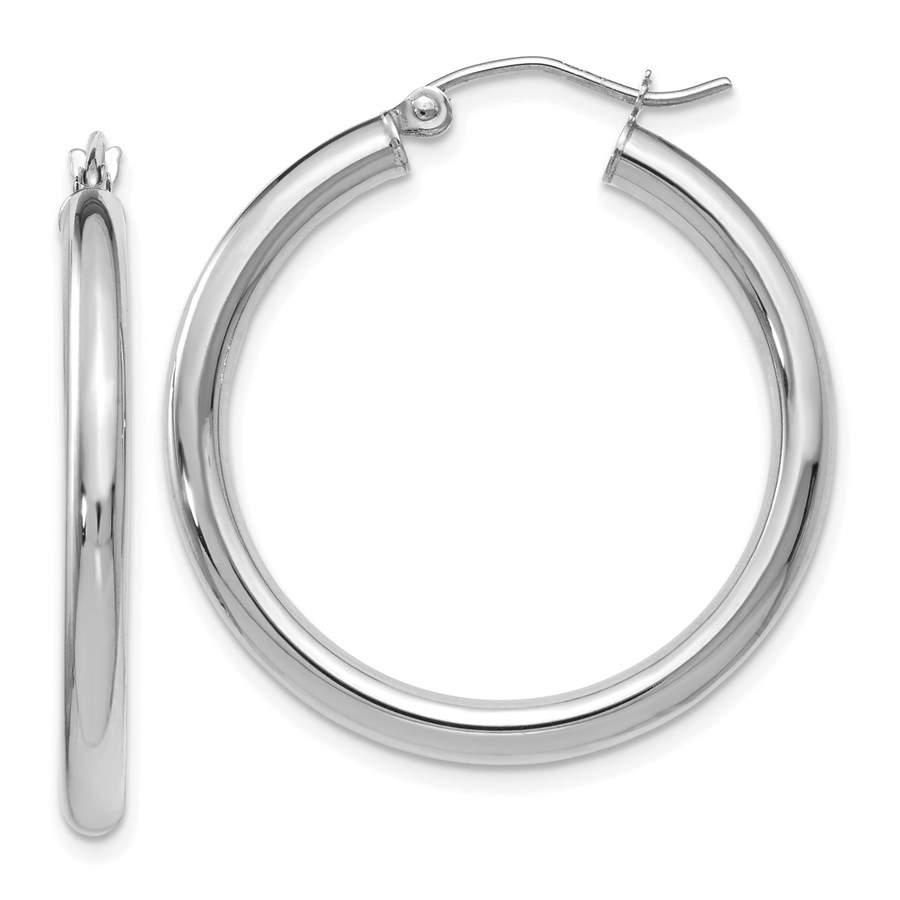 10K White Gold Polished Hinged Hoop Earrings - 30 mm