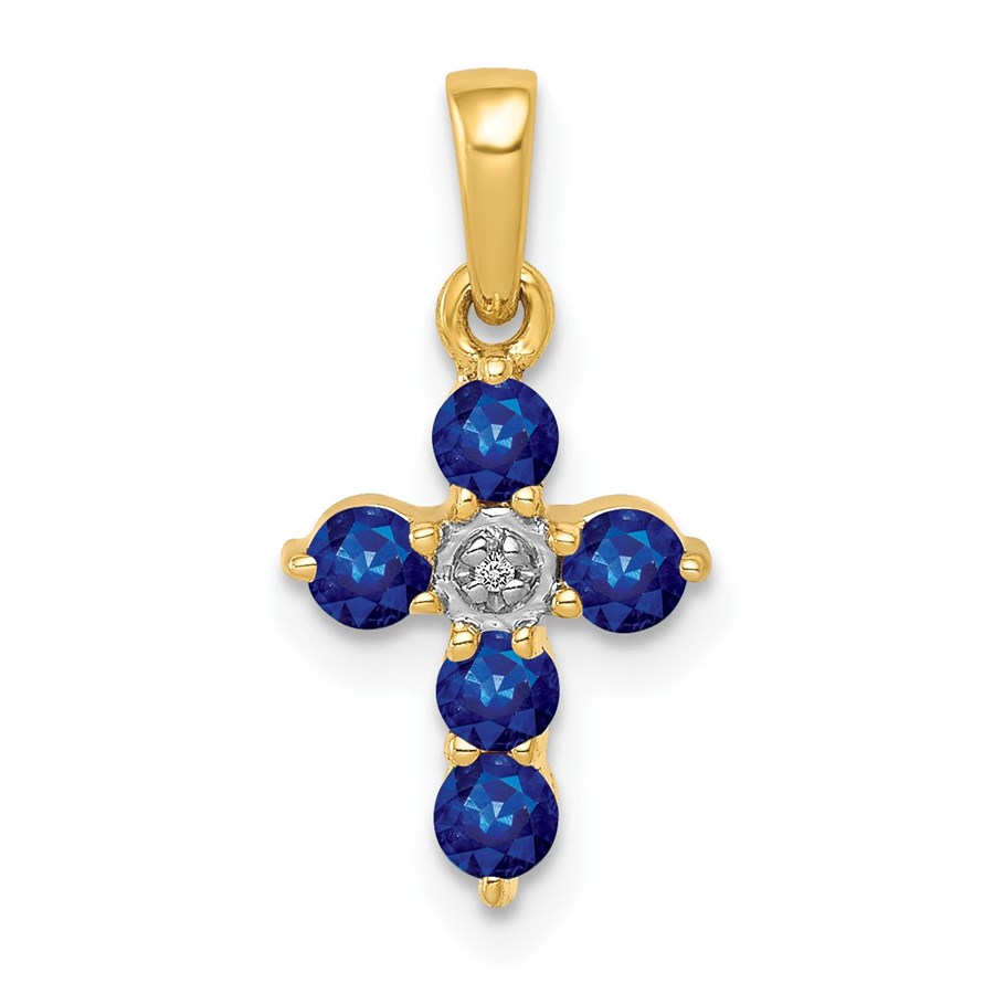 10K Yellow Gold Sapphire and Diamond Cross Pendant - 17.5 mm