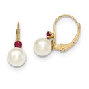 14k 6-6.5 mm Pearl & .10ct. Ruby Leverback Earrings