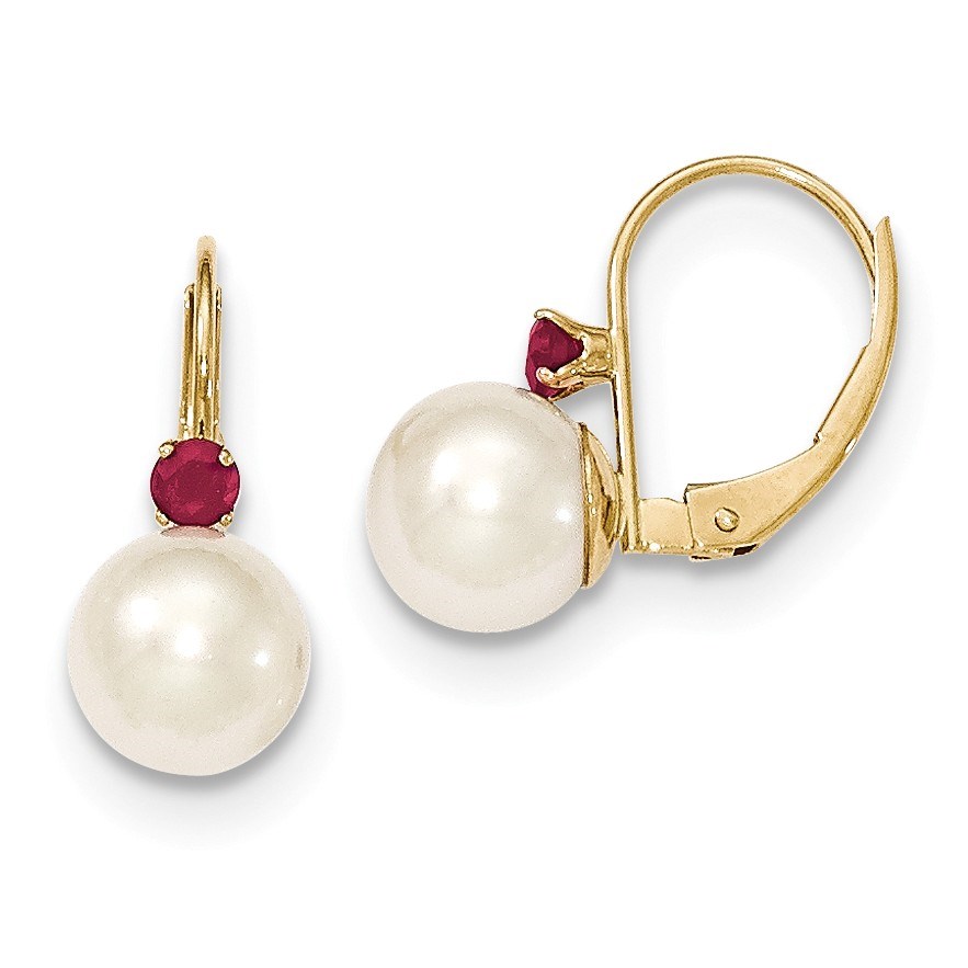 14k 7-7.5 mm White Cultured Pearl & .13ct. Ruby Leverback Earring