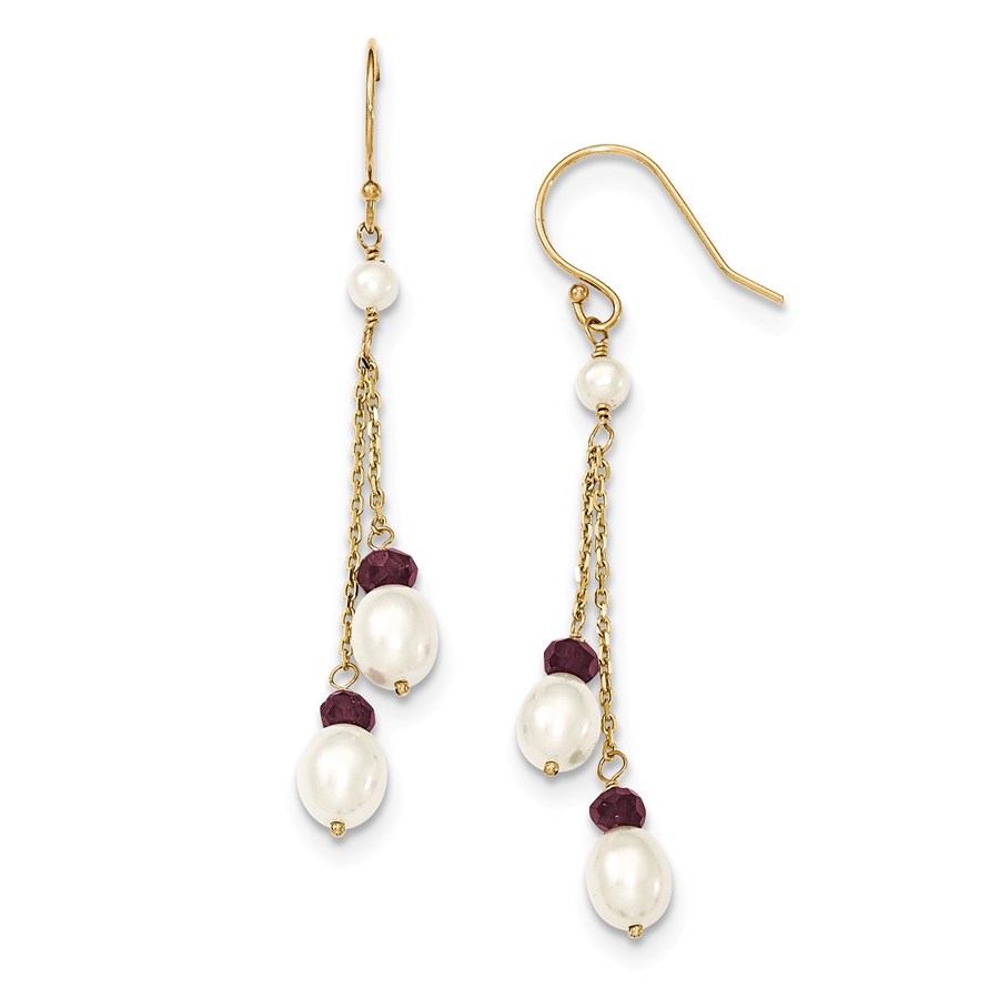 14k Cultured Pearl and Garnet Double Chain Drop Earrings