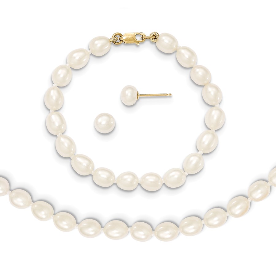 14k Gold 5-6 mm Cultured Pearl Bracelet, Necklace & Earrings