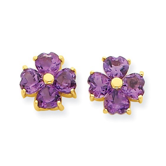 14k Heart-shaped Amethyst Flower Post Earrings