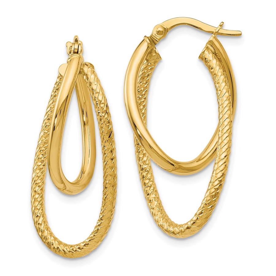 14K Polished and Textured Hinged Hoop Earrings - 28 mm