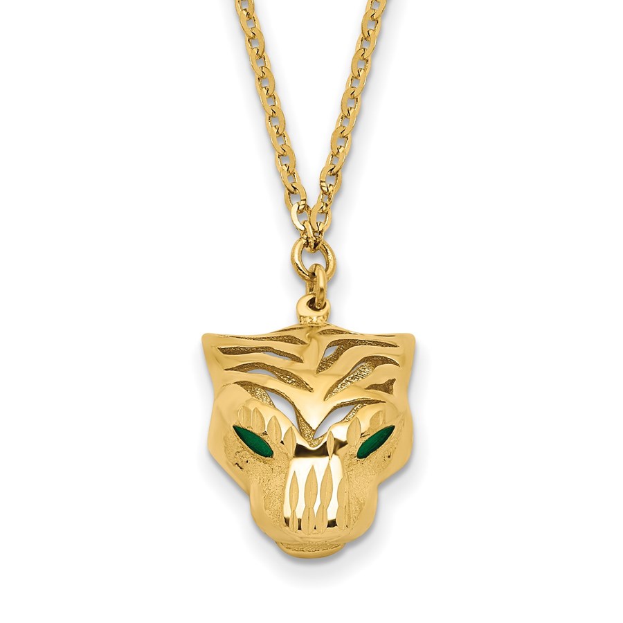 14K Polished D/C Green Enamel Tiger Necklace - 18 in.