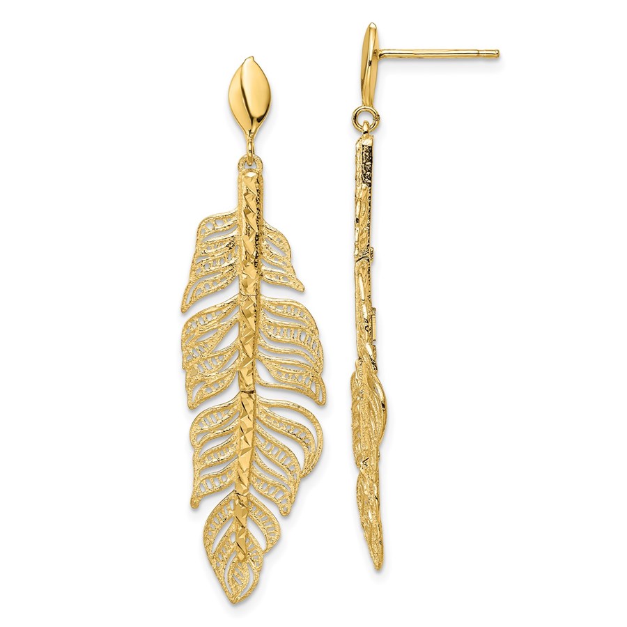 14K Polished D/C Textured Leaf Post Dangle Earrings - 49 mm