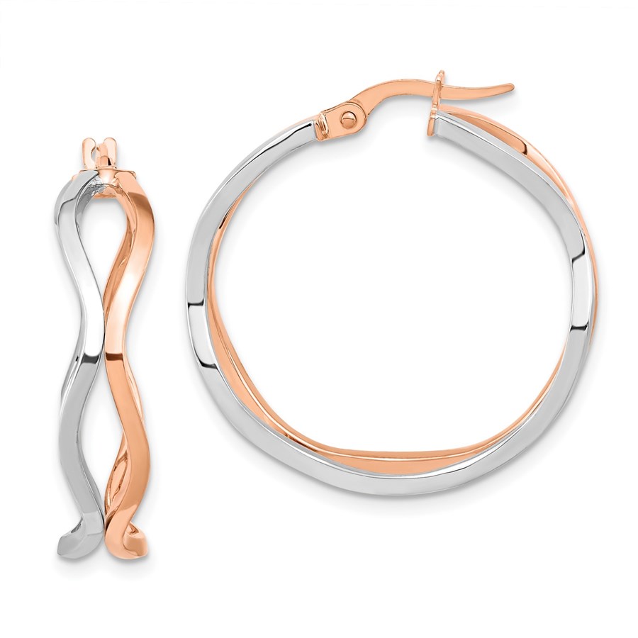 14K Rose and White Gold Polished Wavy Hoop Earrings - 30 mm