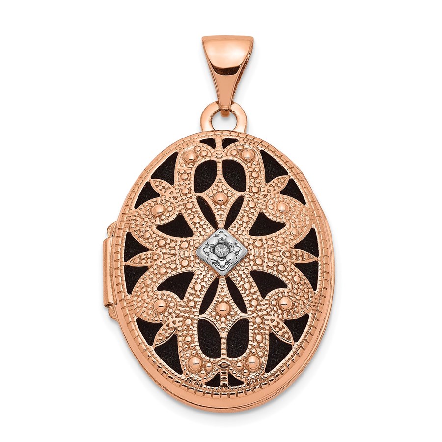 14k Rose Gold Oval w/Diamond Vintage blk interior Locket - 21 mm