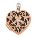 14k Rose Gold Vintage Heart w/Diamond blk interior Locket - 18 mm