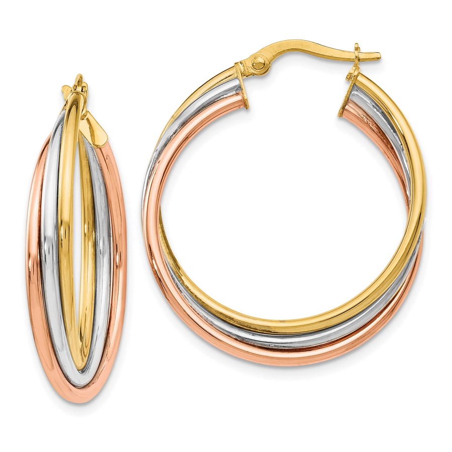 14K Tri-color Polished Twisted Hoop Earrings - 28 mm