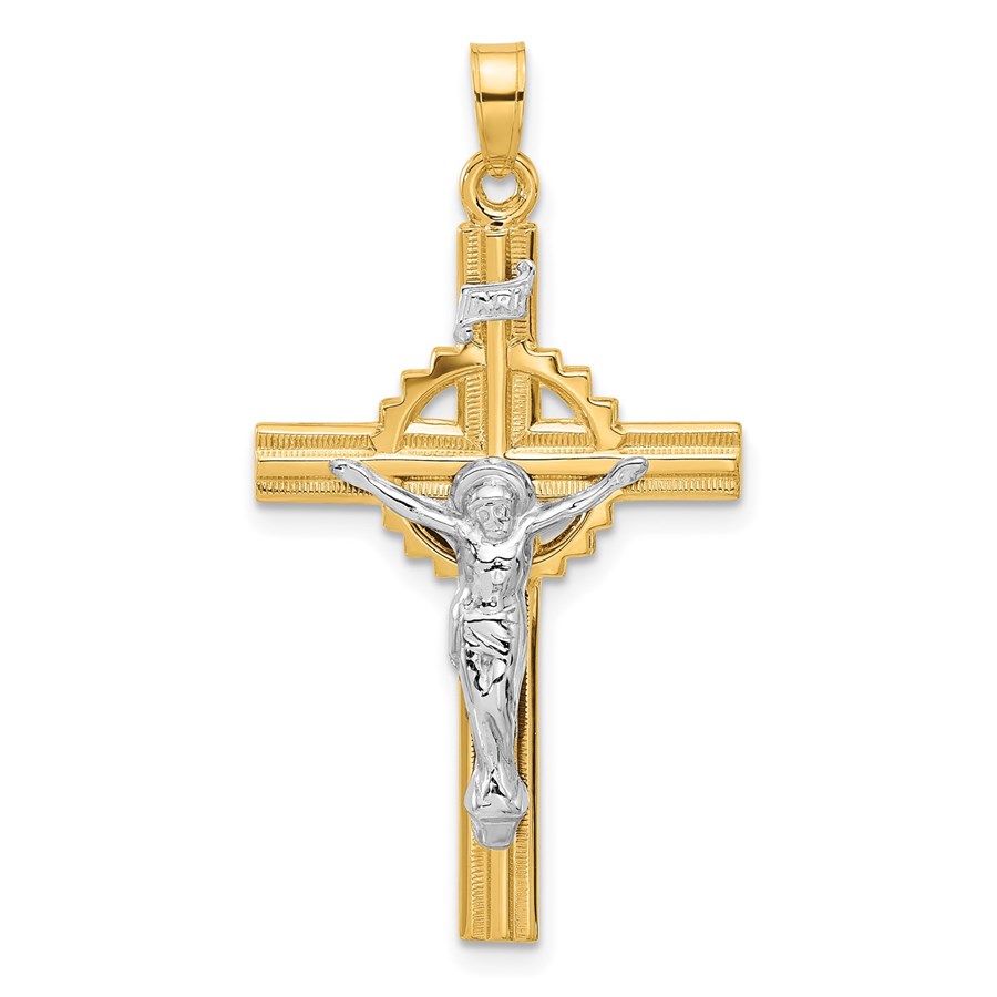 14K Two-tone Textured Hollow INRI Crucifix Pendant - 38.3 mm