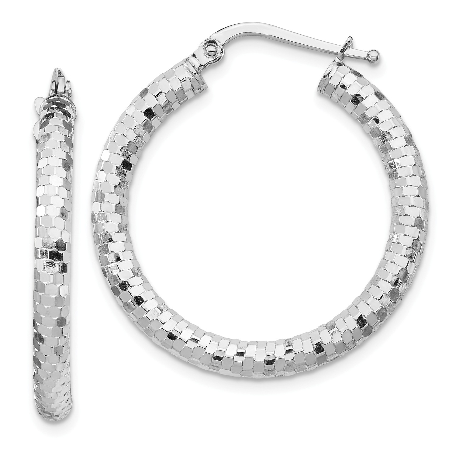 14k White Gold Diamond-Cut Double Hoops Earrings - 12mm x 11mm＿