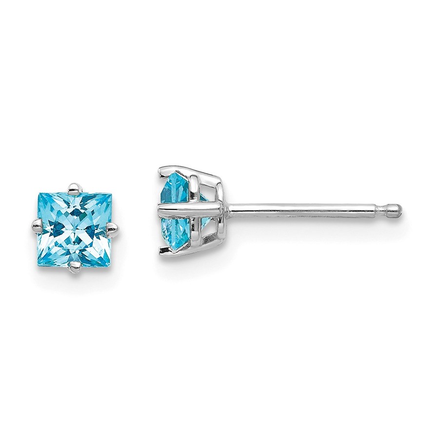 14k White Gold 4 mm Princess Cut Blue Topaz Earrings