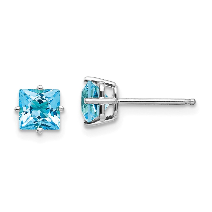 14k White Gold 5 mm Princess Cut Blue Topaz Earrings