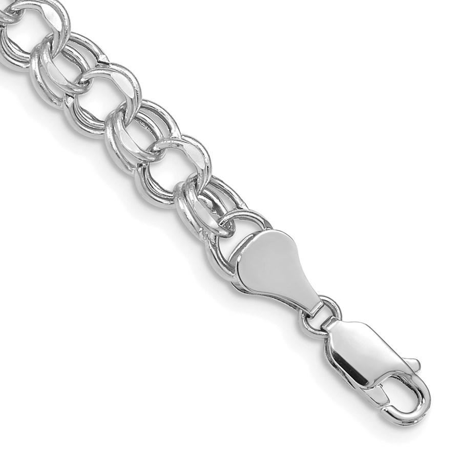 14K White Gold 6.5mm Hollow Double Link Charm Bracelet - 8 mm