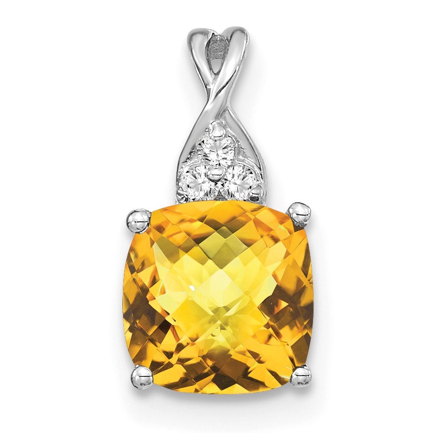 14K White Gold Checkerboard Citrine Diamond Pendant - 13.5 mm