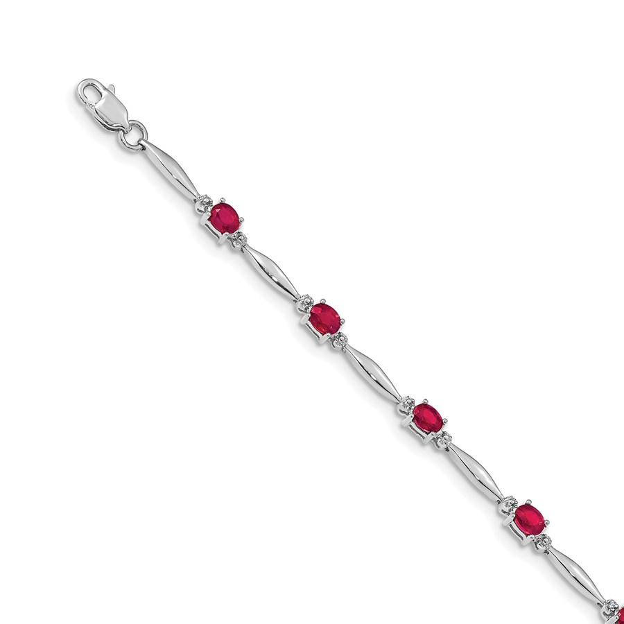 14K White Gold Diamond 4 mm Ruby Gemstone Bracelet - 7 in.