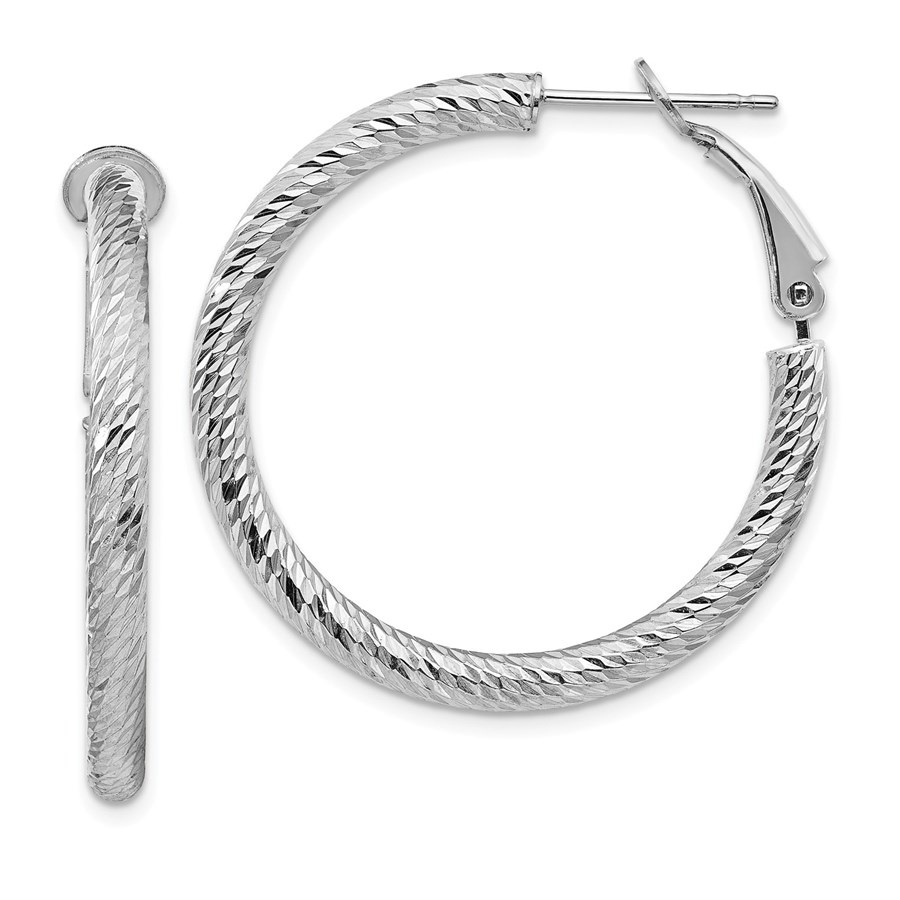 14k White Gold Diamond-cut Omega Back Hoop Earrings - 3x25 mm