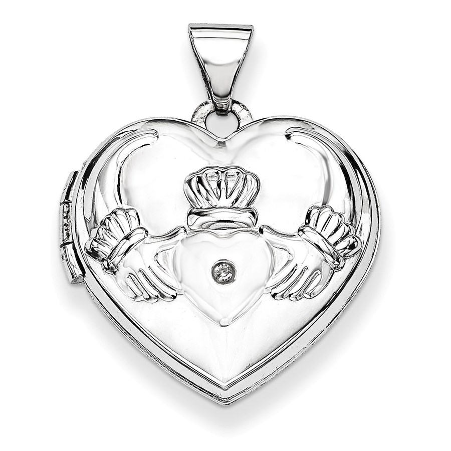 14k White Gold Diamond Heart-Shaped Claddagh Locket - 21 mm