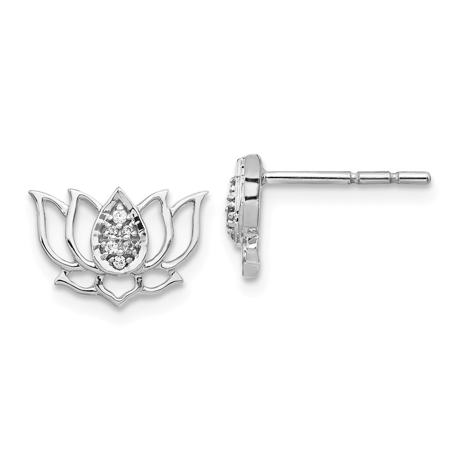 14k White Gold Diamond Lotus Flower Center Stone Earrings - 8 mm