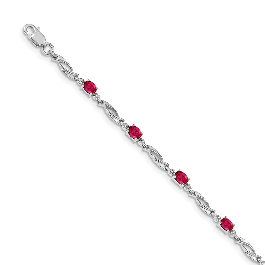 14K White Gold Diamond Ruby Gemstone Bracelet - 7 in.