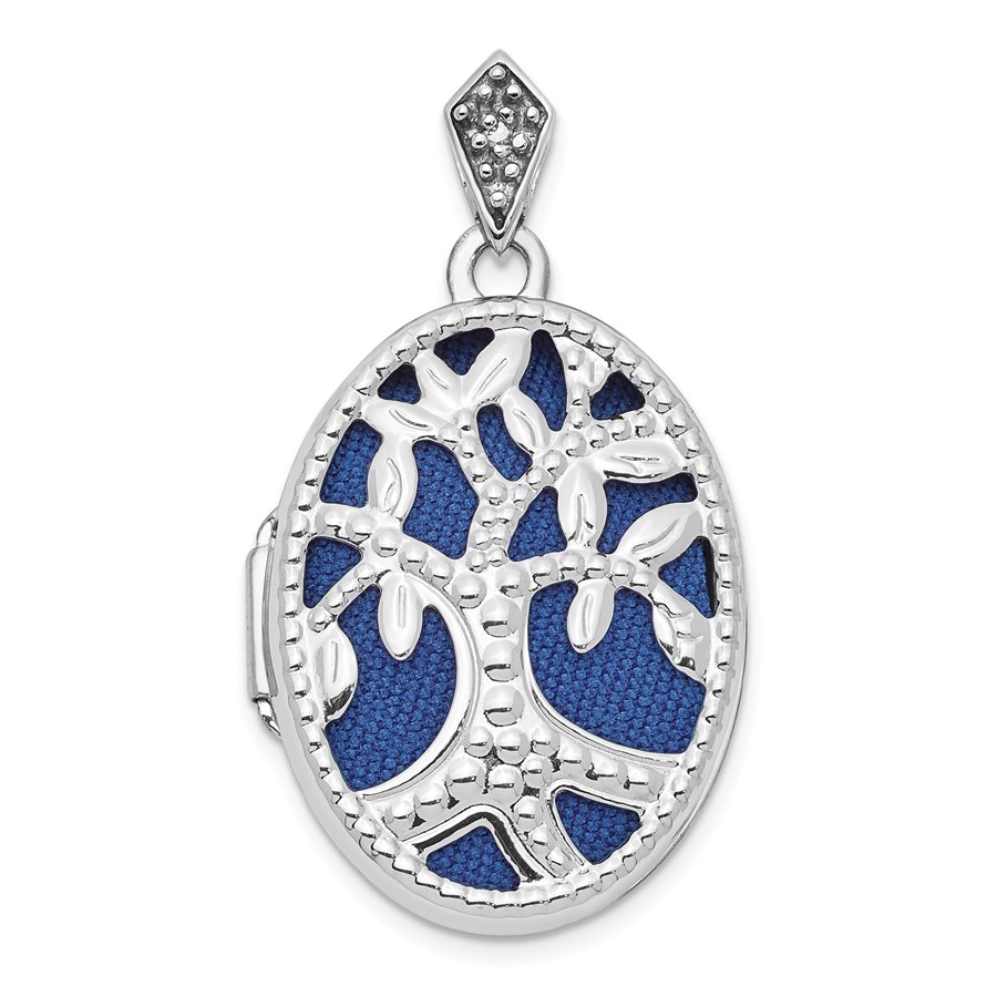 14k White Gold Diamond Tree w/ Blue Fabric Locket Pendant