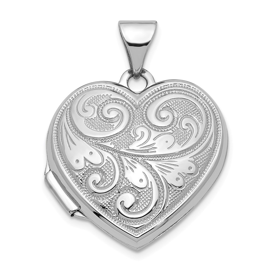 14k White Gold Floral Etched 19 mm Heart Locket Pendant