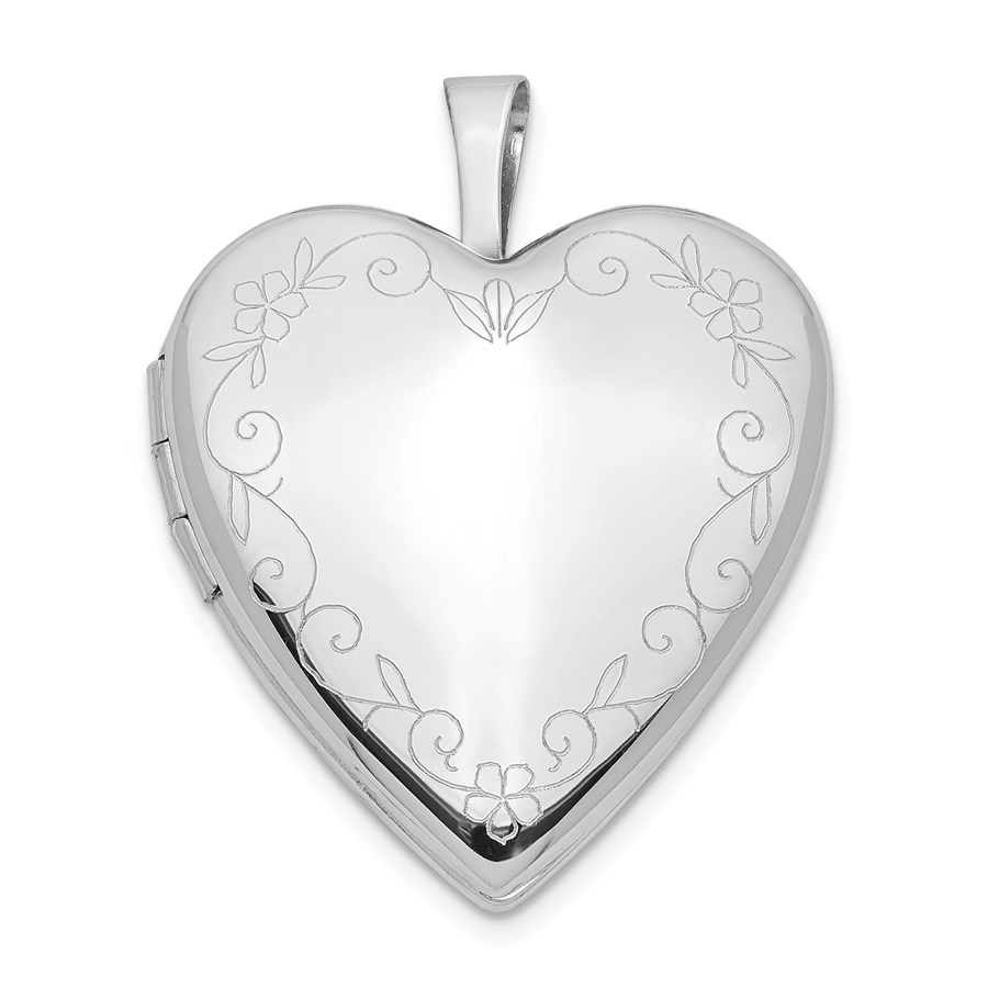 14k White Gold Flower Vine Border Heart Locket - 25 mm