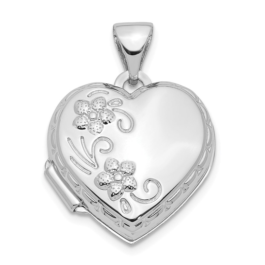 14k White Gold Heart-Shaped Reversible Floral Locket - 21 mm