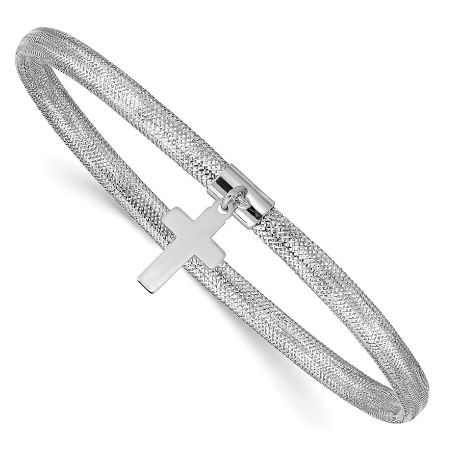 14K White Gold Mesh Cross Dangle Stretch Bracelet - 7 in.