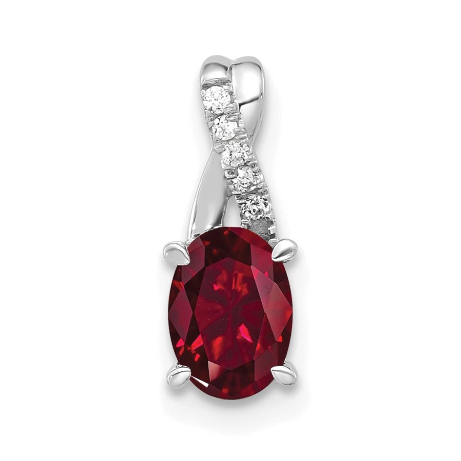 14K White Gold Oval Created Ruby and Diamond Pendant - 14.3 mm