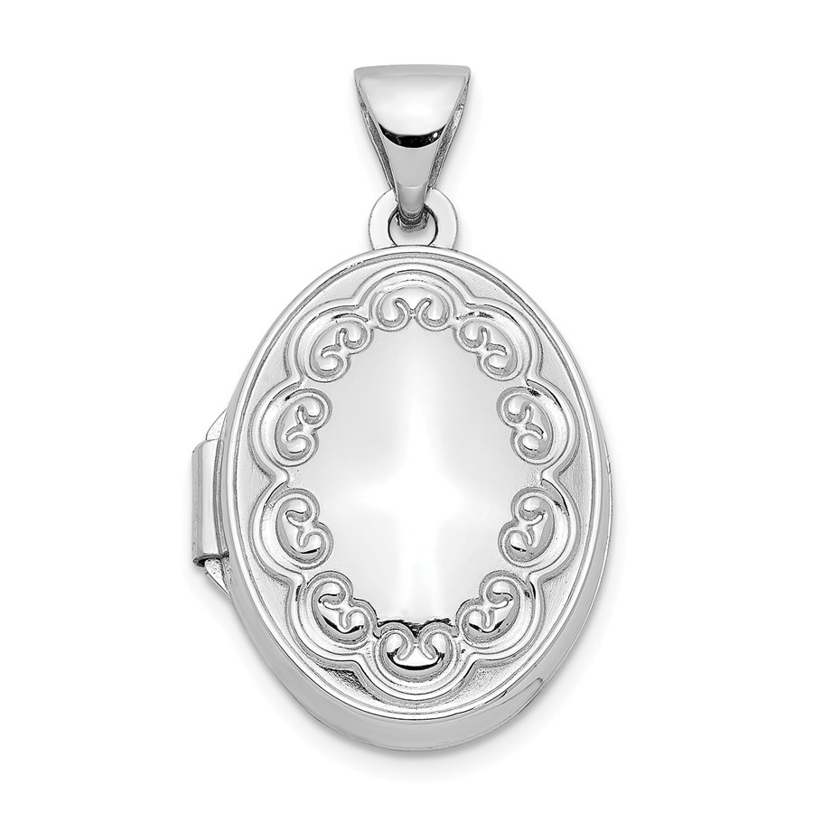 14k White Gold Oval Embossed Border Locket - 25 mm